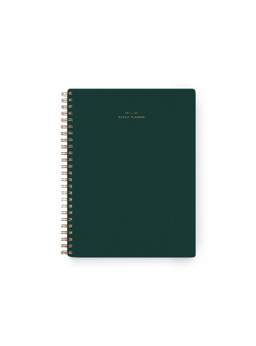 26-27 Weekly Grid Planner in Chambray Blue bookcloth with brass wire-o binding front view || Hunter Green