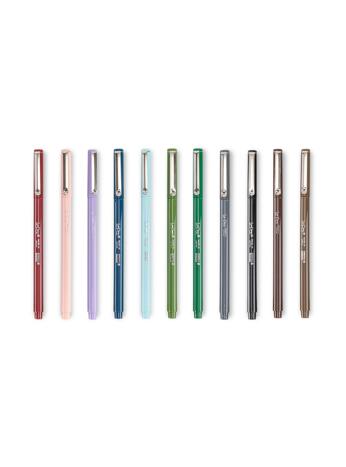 Le Pen colorways in Burgundy, Wisteria, Deep Blue, Pale Blue, Olive Green, Green, Dark Gray, Black, Brown, and Sepia