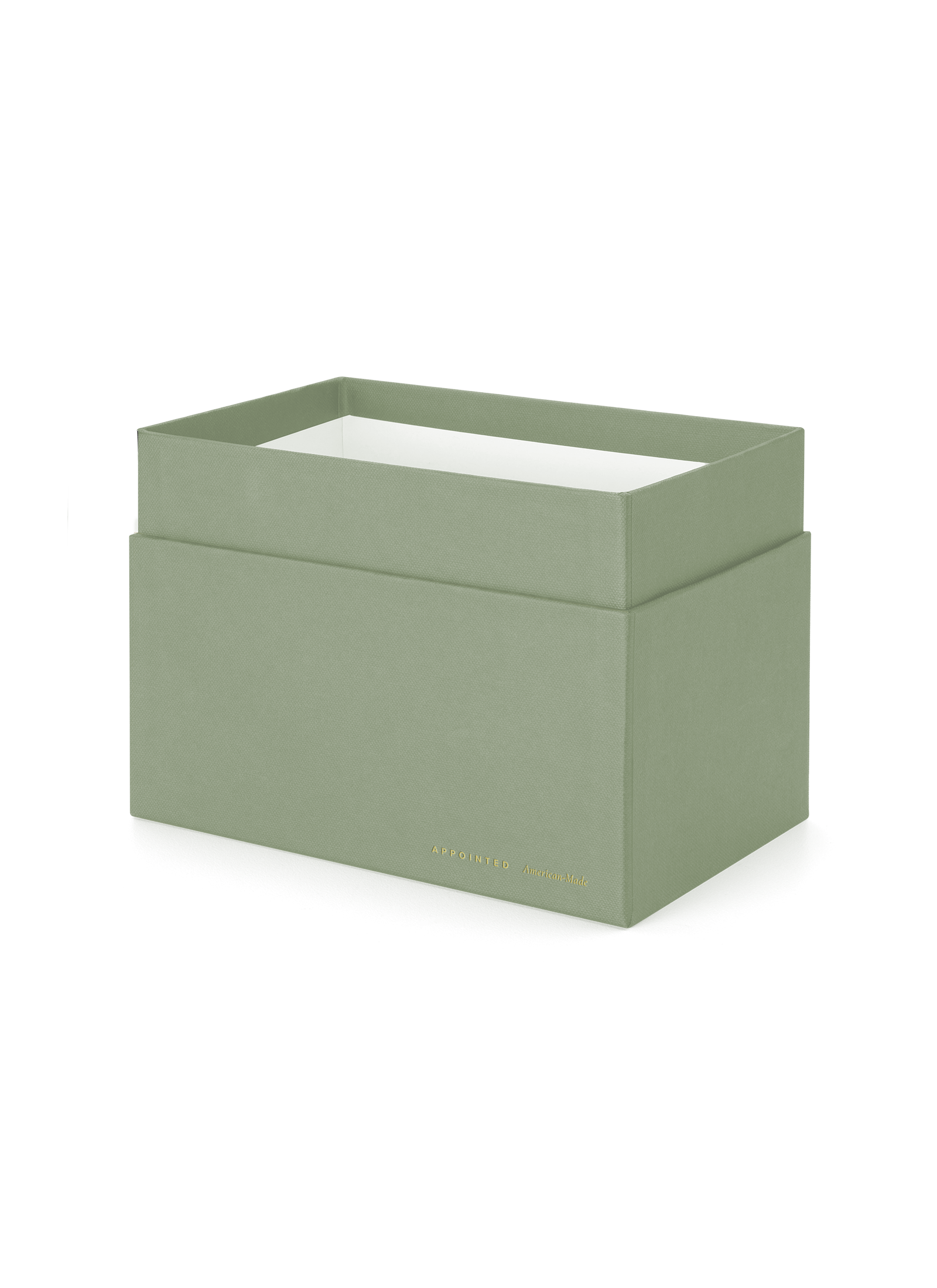 Angled view of Sage Card Keeper, lid off and empty || Sage Green