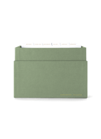 Eye-level view of Sage Card Keeper, lid off and tabs showing || Sage Green