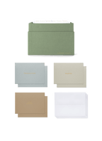 Eye-level view of Sage Card Keeper, lid off and tabs showing and birds eye view of included cards || Sage Green