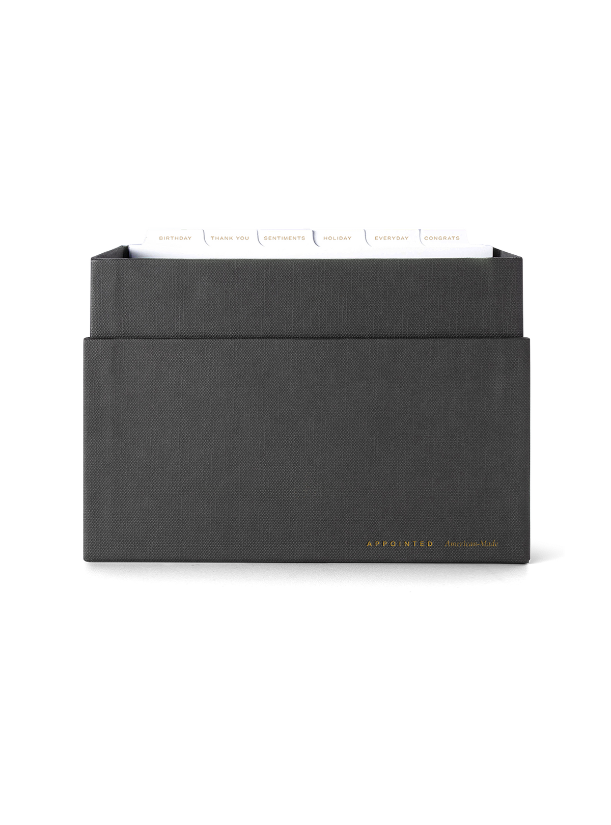 Eye-level view of Sage Card Keeper, lid off and tabs showing || Onyx