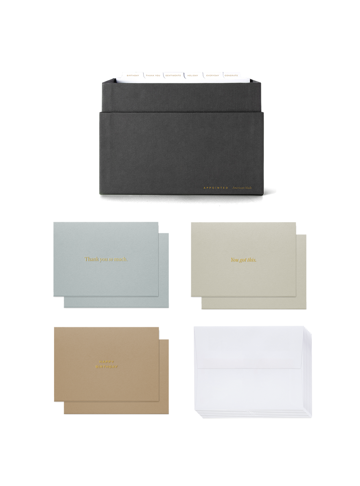 Eye-level view of Sage Card Keeper, lid off and tabs showing and birds eye view of included cards || Onyx