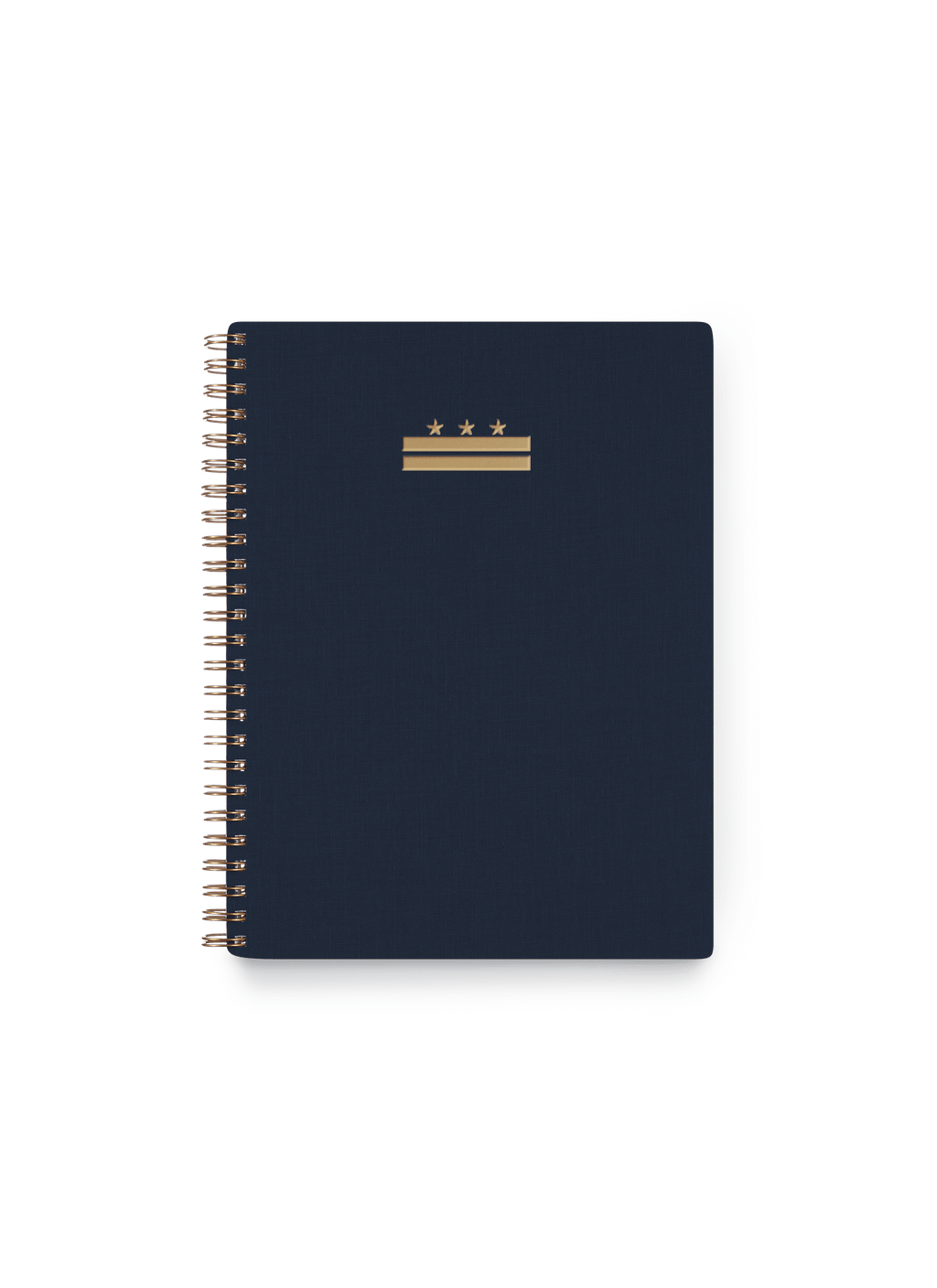 Appointed DC Workbook in Oxford Blue with bookcloth cover, DC foilstamped flag, and brass wire-o binding, front view || Oxford Blue