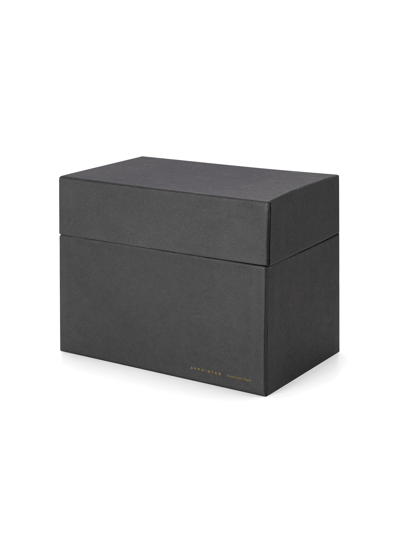 Eye-level view of desktop storage box, lid on|| Onyx