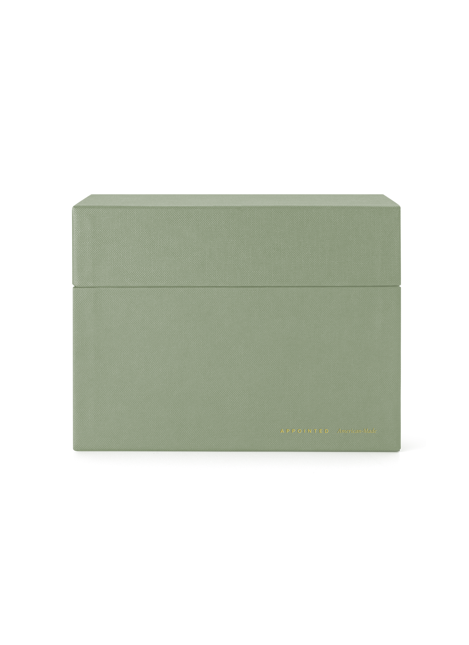 Eye-level view of desktop storage box, lid on|| Sage Green