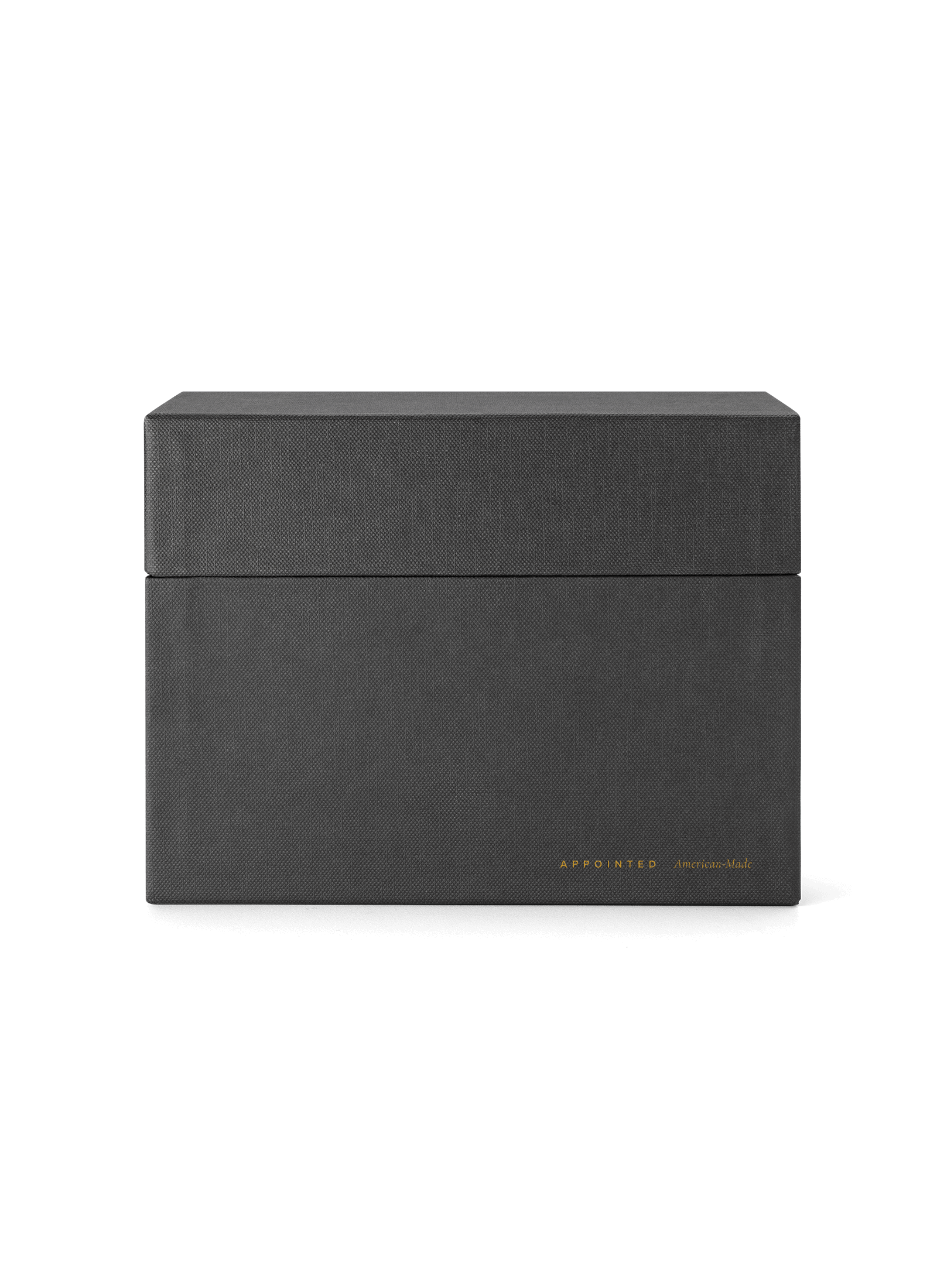 Eye-level view of desktop storage box, lid on|| Onyx
