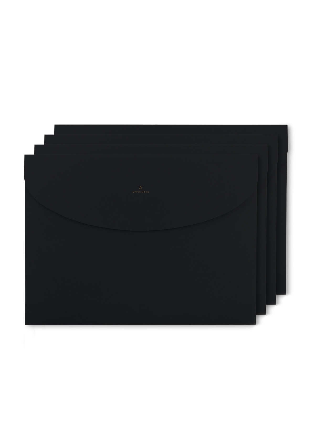 four envelope-style file folders stacked on one another with a small gold foil detail || Onyx